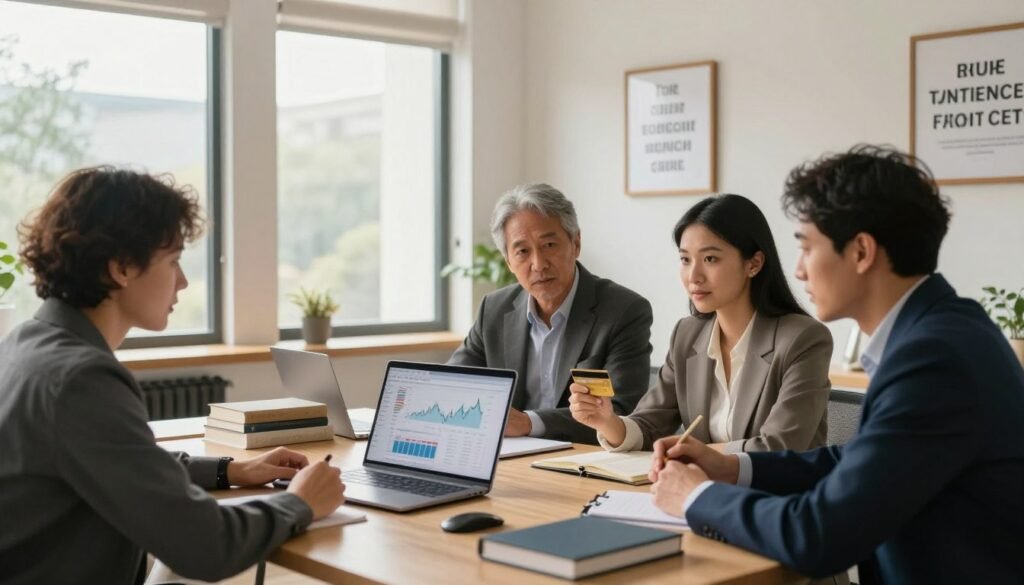 A cozy and modern home office setting, with a well-organized desk featuring a laptop displaying financial charts and graphs. In the foreground, a diverse group of three adults—one woman and two men—are engaged in a brainstorming session, dressed in professional business attire. They are surrounded by financial books and notepads, with focus and determination on their faces. In the middle ground, an open window lets in natural light, casting soft shadows. On the walls, motivational financial quotes are framed, adding an inspiring atmosphere. The overall mood is one of empowerment and knowledge, emphasizing financial education and responsible credit card use. The lens is set to a wide angle to capture the entire scene harmoniously, highlighting collaboration and growth.
