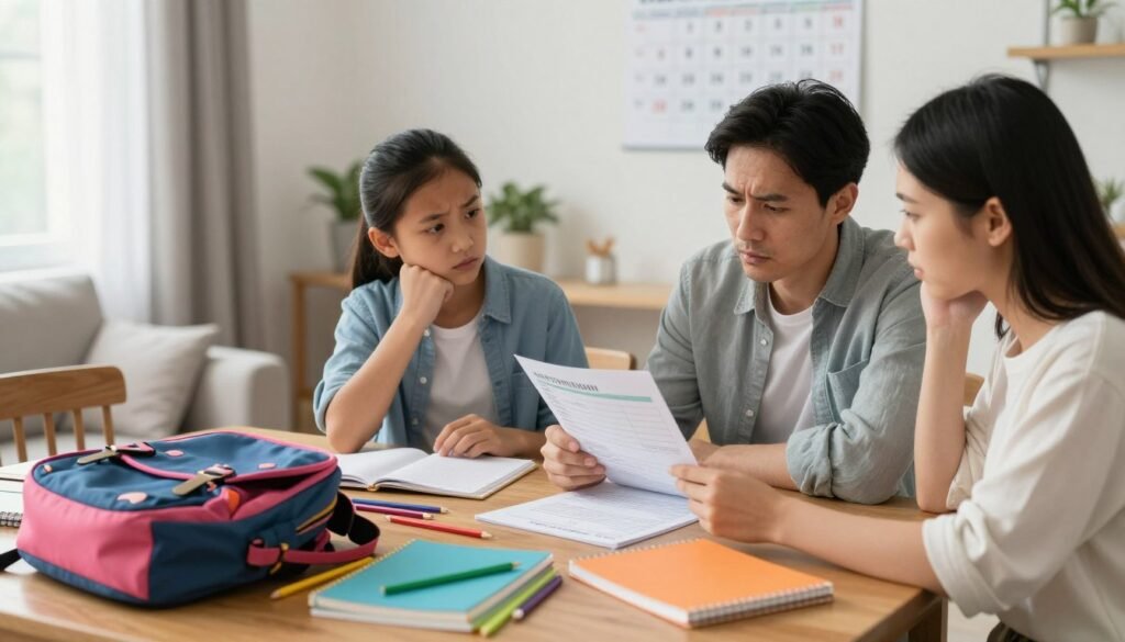 A family gathered around a dining table, discussing back-to-school preparations with a focus on budgeting and financial planning. The foreground features a concerned mother and father, both in modest casual clothing, examining a list of school supplies and expenses. In the middle, an array of colorful school supplies—backpacks, notebooks, and pencils—spread across the table, highlighting the excitement and challenges of returning to school. The background shows a cozy, well-lit living room with a calendar marked with school dates, creating a warm and inviting atmosphere. Soft, natural light filters through a window, emphasizing the thoughtful expressions on the parents' faces as they strategize their savings. The overall mood is one of determination and hope, reflecting the financial challenges of the back-to-school season.