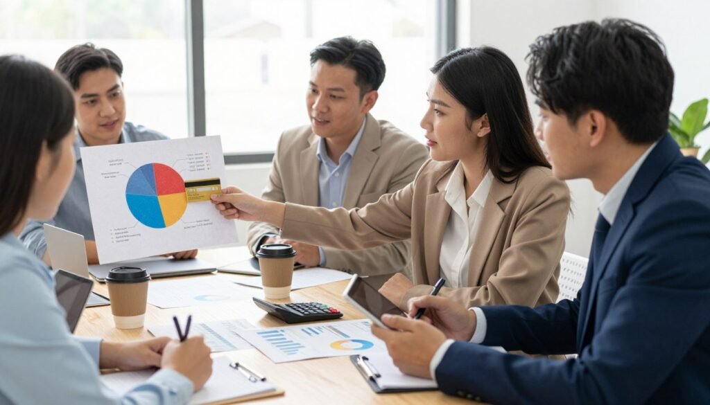 A focused scene depicting a diverse group of professionals engaged in a productive discussion about strategies to overcome credit card debt. In the foreground, a woman in smart casual attire is pointing at a colorful pie chart illustrating budgeting strategies, while a man in a business suit takes notes on a tablet. In the middle ground, a table is cluttered with financial documents, calculators, and cups of coffee, suggesting a collaborative brainstorming session. The background shows a bright office space with natural light pouring through large windows, creating an optimistic and motivational atmosphere. The overall mood is one of determination and hope, as these individuals work together to regain financial control post-holidays.