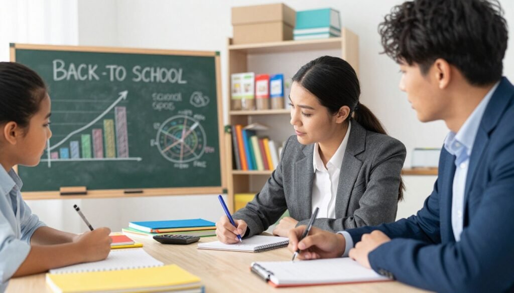 A focused scene illustrating efficient financial planning for back-to-school shopping. In the foreground, a diverse group of three individuals, dressed in smart casual attire, sit around a table covered with school supplies like notebooks, pens, and calculators. They appear engaged in discussion, with one person sketching out a budget on a notepad. In the middle ground, a chalkboard displays colorful graphs and charts representing savings tips and school budgets, enhancing the educational theme. The background features shelves filled with neatly organized school supplies. Bright, natural lighting fills the scene, creating an inviting atmosphere, while a slight tilt from a low-angle perspective adds depth to the composition, emphasizing collaboration and thoughtful planning.