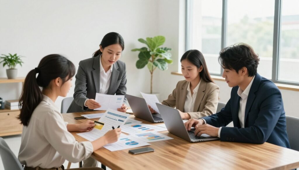 A modern home office scene depicting a family reorganizing their budget. In the foreground, a diverse family of four sits around a large wooden table, reviewing financial documents and using a laptop. They are dressed in professional business attire, showcasing collaboration and determination. In the middle, colorful charts and graphs are spread across the table, symbolizing budgeting and financial planning. A potted plant sits in the corner, adding a touch of nature. In the background, a bright, minimalistic room with large windows allows natural sunlight to fill the space, creating an uplifting and focused atmosphere. The overall mood is one of hope and motivation, emphasizing control over finances and teamwork in overcoming credit card debt.