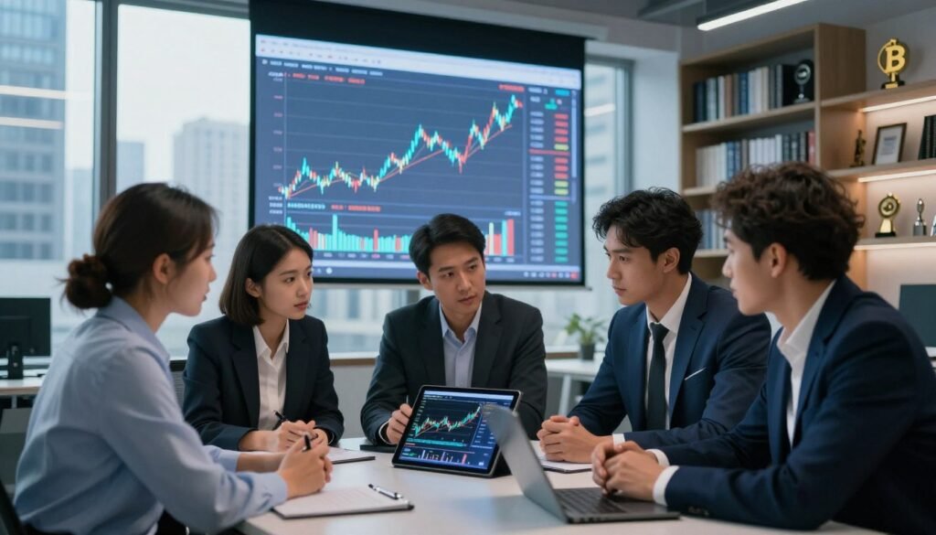 A modern office setting with a large window overlooking a bustling cityscape. In the foreground, a diverse group of professional analysts, dressed in business attire, are engaged in a discussion. They are examining a digital tablet displaying cryptocurrency trends and market graphs. The mood is focused and analytical, with expressions of concentration and collaboration. In the middle ground, a large projection screen shows rising and falling Bitcoin charts, emphasizing the fluctuating nature of the market. The lighting is bright and dynamic, highlighting the high-tech environment, with blue and white tones creating a sense of professionalism. The background features shelves filled with finance books and awards, adding depth to the scene.