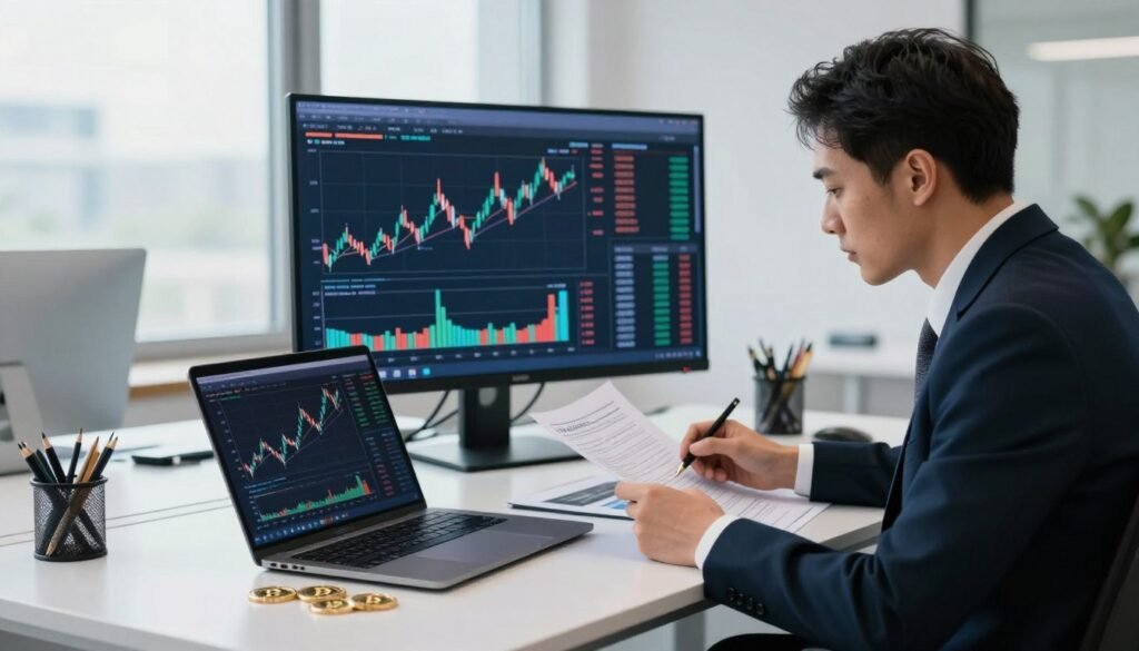 A professional office setting highlighting a detailed study of Bitcoin methodologies. In the foreground, a sleek modern desk with a laptop displaying financial graphs and Bitcoin statistics. A researcher in professional business attire, deeply focused and analyzing the data, with papers and charts scattered around. In the middle ground, a large digital screen showcases vibrant graphs depicting Bitcoin's price trends and analysis, emphasizing the methodology of the case study. In the background, large windows let in soft, natural light, creating a bright and inspiring atmosphere. Subtle hints of cryptocurrency-related items, like Bitcoin coins, are arranged neatly on the desk. The scene is well-composed, with a balanced perspective that captures both the analytical nature of the study and the modern corporate environment.
