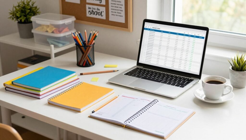 A well-organized study desk filled with a variety of school supplies, showcasing effective ways to economize on stationery. In the foreground, a neatly arranged collection of colorful notebooks, pencils, and an educational planner, each item labeled with price tags indicating their affordability. In the middle, a laptop opened to a budgeting spreadsheet, with a cup of coffee nearby, symbolizing a practical approach to studying. The background features a shelf stacked with reusable containers for organizing materials, and a bulletin board adorned with inspirational quotes about saving. Soft, natural light streams in from a nearby window, creating a warm and inviting atmosphere that encourages productivity and financial mindfulness. The overall mood is optimistic and resourceful, ideal for back-to-school preparations.